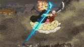 a close up of a person holding a blue and white sword in a video game .