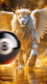 a white lion with wings and a crown is standing next to a pool ball .