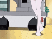 a cartoon of a woman standing next to a white vehicle