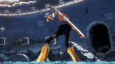 a cartoon character holding a sword with the number 2 on the back