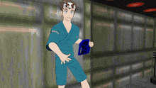 a man wearing a mask and goggles holds a blue box