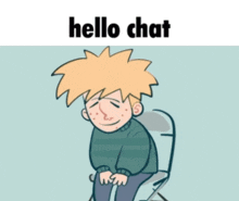 a cartoon of a boy sitting on a toilet with the words hello chat written above him