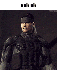 a man in a military uniform is standing in front of a sign that says " nuh uh "