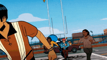 a cartoon drawing of a group of people running