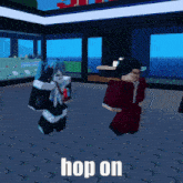 a screenshot of a video game with the words hop on
