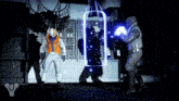 a video game screen shows a man holding a glowing object in his hand