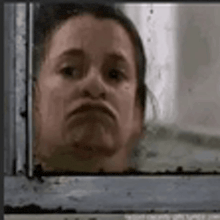 a close up of a woman 's face behind a glass door .