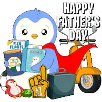 a happy father 's day poster with a penguin on a motorcycle