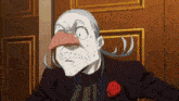 a man with a fake nose is wearing a black suit