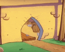 a cartoon drawing of a house with a doorway and a barrel in the doorway .
