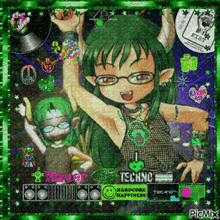 a picture of a girl with green hair and glasses with techno hardcore happiness on it