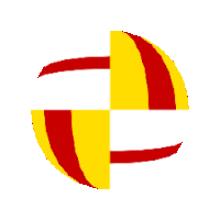 a red and yellow striped umbrella with a red arrow pointing to it