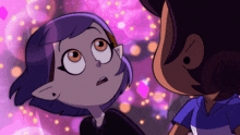 a cartoon girl with purple hair is looking up at a boy with a blue shirt .