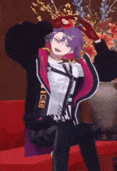 a girl with purple hair is sitting on a red couch holding a slice of apple .