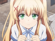 a blonde anime girl with green eyes and a red x on her hair