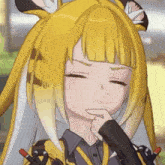 a close up of a cartoon character with yellow hair and white ears