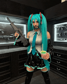 a man in a hatsune miku costume holds a gun and a cup of green tea