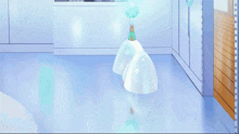 a white poodle is standing in a room with blue walls