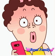 a cartoon of a woman with a surprised look on her face holding a cell phone with the words royal family below her