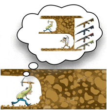 a cartoon of a man holding a hammer and a thought bubble with guns on it