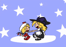 a cartoon drawing of a witch and a girl with stars on the background