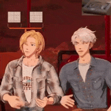 two anime characters are standing next to each other in a room and talking .