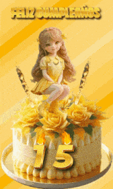 a birthday cake with the number 15 and a girl on top