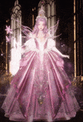 a girl with pink hair is wearing a pink dress and a crown