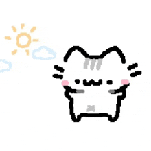 a pixel art of a cat standing in front of a sun and clouds .