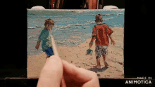 a person is painting a picture of two boys on the beach .