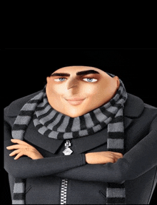 a cartoon character wearing a scarf and a hat with his arms crossed