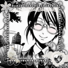 a black and white picture of a boy with glasses and the name sascha de cam on the bottom