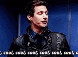 a man in a leather jacket and tie is saying cool cool cool cool cool cool cool 