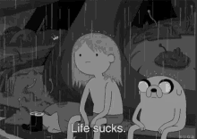 a black and white cartoon of a girl and a dog sitting in the rain with the caption `` life sucks '' .