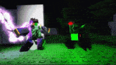 a person is holding a sword in a video game while standing next to a green object .
