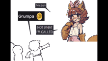 a cartoon drawing of a girl talking to a group of people with a sign that says grumpa