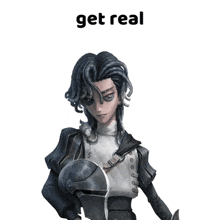 a cartoon character with a helmet and the words get real behind him