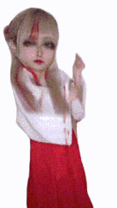 a girl in a white top and red skirt is dancing with her hands in the air