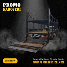 an advertisement for promo karoseri shows a truck with its back door open