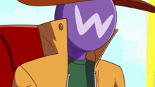 a cartoon character with a purple head and a white letter w on it