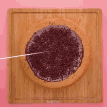 a cake with chocolate frosting and chocolate sprinkles on a wooden cutting board