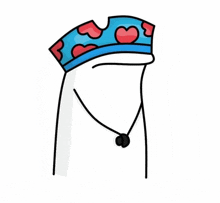 a cartoon drawing of a person wearing a blue hat with red hearts on it