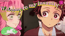 a welcome to my insanity sign with a pink girl and a boy