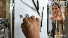 a person is drawing a woman 's face on a piece of paper with the words made in animotica on the bottom
