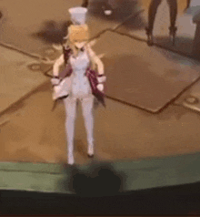 a woman in a white dress is walking down a staircase in a video game while holding a tray .