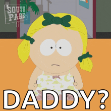 a cartoon of a girl with a sign that says south park in the background