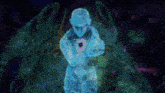 a person in a blue suit is standing in front of a green monster .