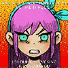 a pixel art drawing of a girl with purple hair and blue eyes