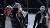 a group of women wearing baseball caps and leather jackets are dancing together