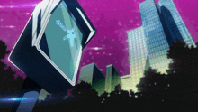a clock with a blue arrow pointing to the right stands in front of tall buildings